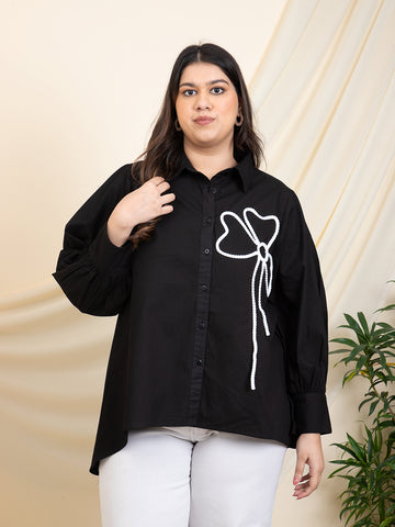 Black High Low One Side Flower Design Women Plus Size Shirt