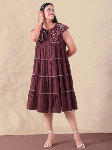Embroidered Brown Pure Cotton Multi Tiered Women Dress