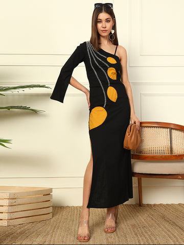 BLACK ONE SHOULDER LEAF PATCH WORK WOMEN BODY CON DRESS