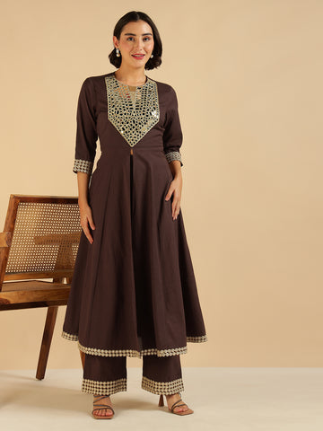 Brown Pure Cotton Embroidered Neck Patch Fusion Women Co-Ord Set