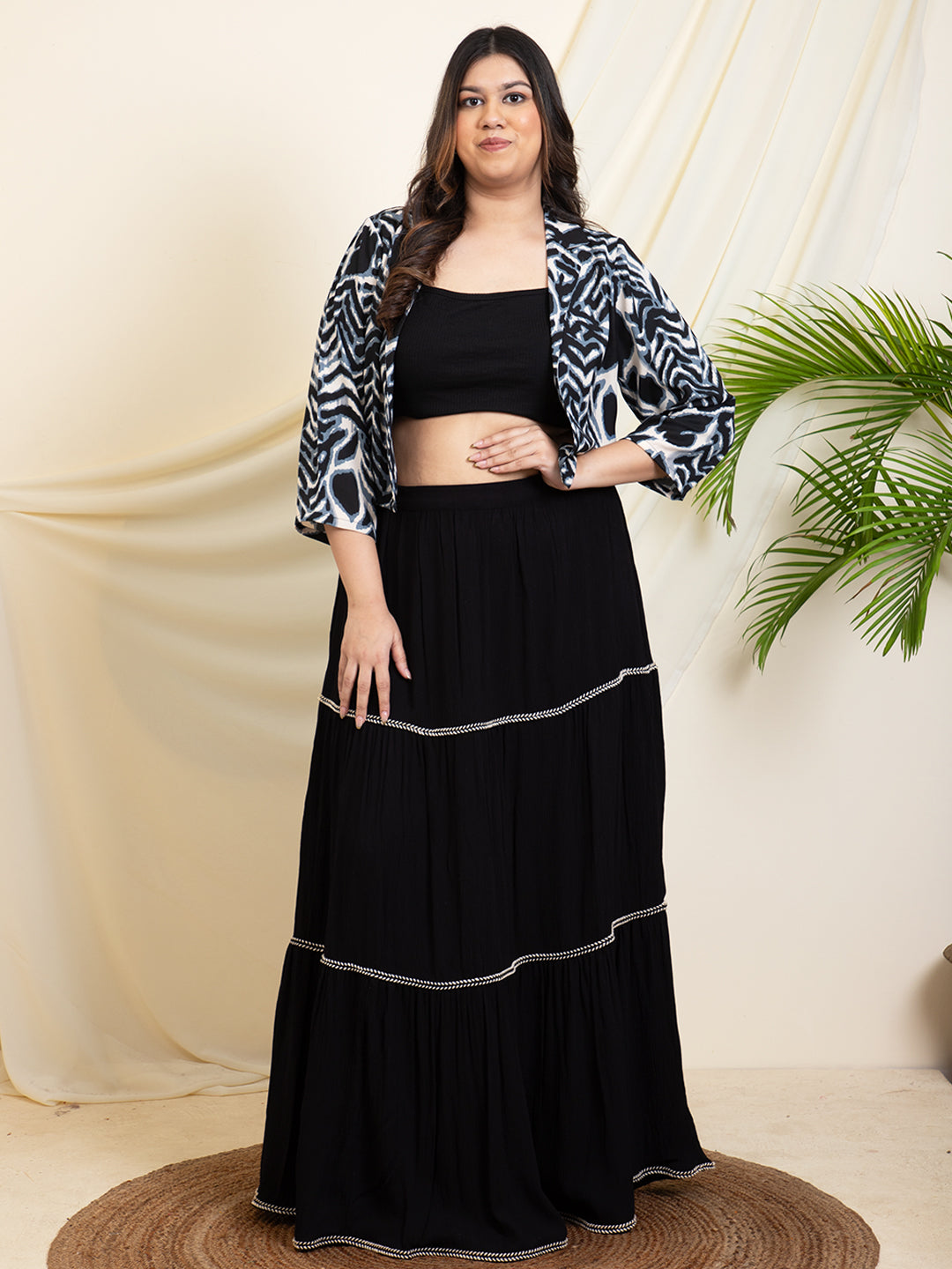 Black Animal Printed Blazer With Inner Top & Tiered Skirt Plus Size Co-Ord Set