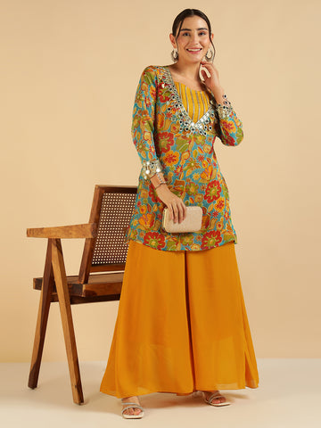 Multi Colour Floral Printed Top & Kurti with Sharara Fusion Co-Ord Set