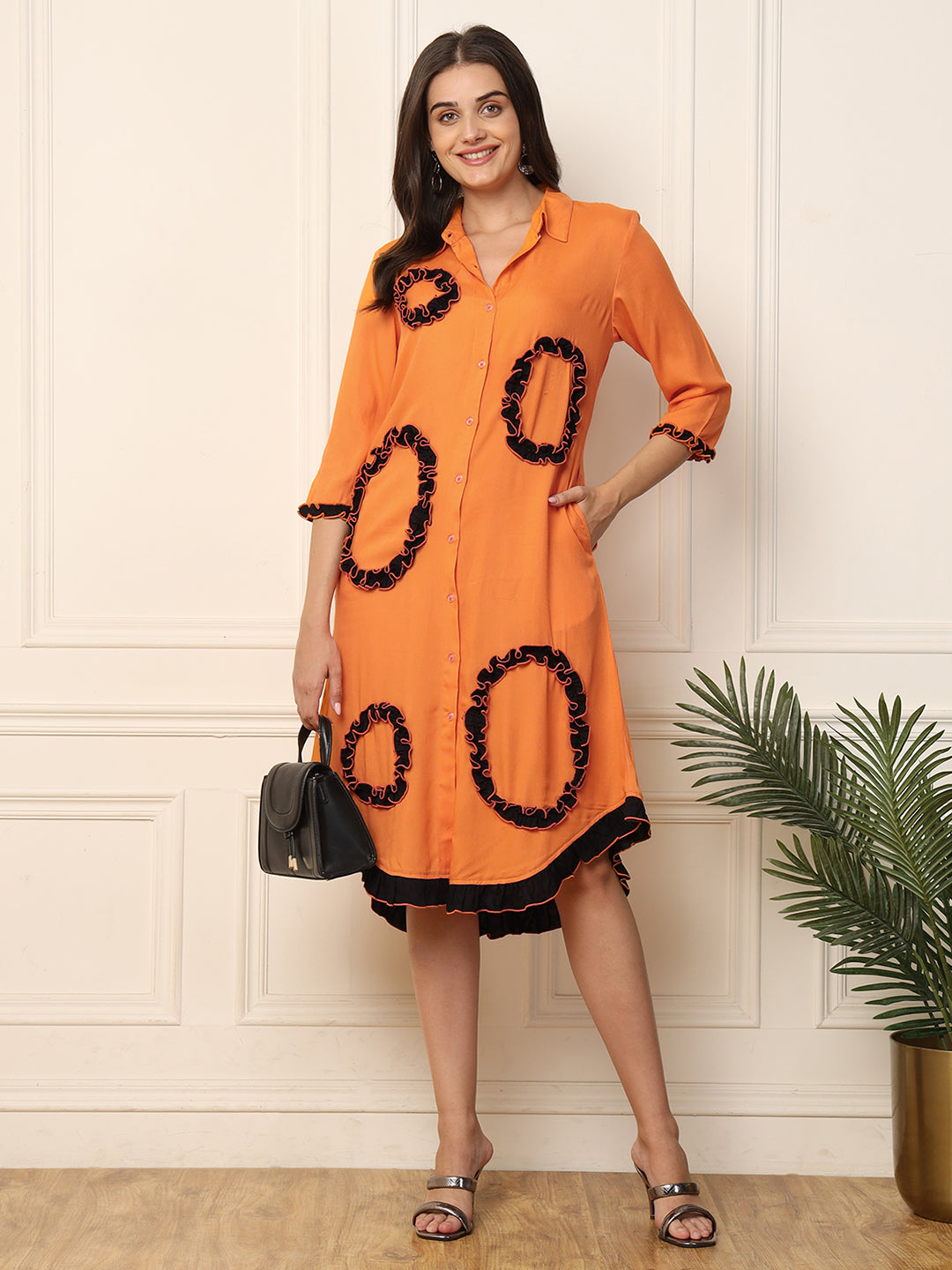 Orange Frilled Circle Designed Women Shirt Dress