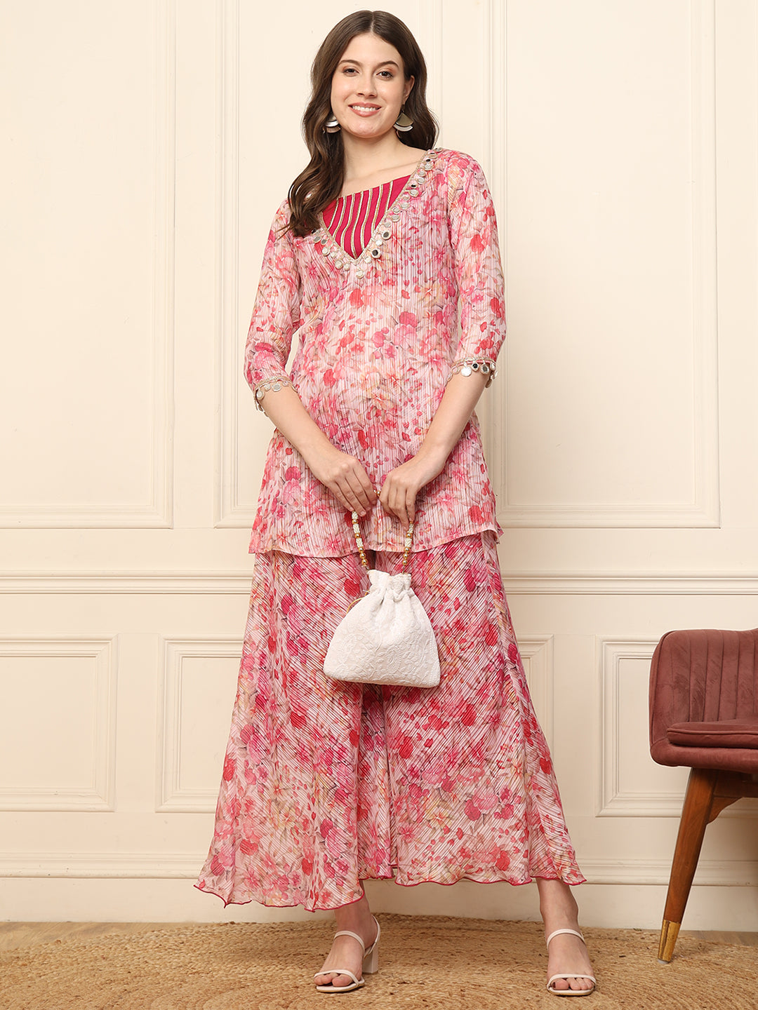 Floral Printed Kurti With Crop Top With Palazzo Women Set