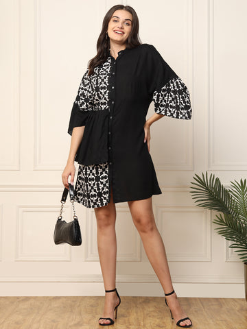 Black With Printed Women Knee Length Shirt Dress