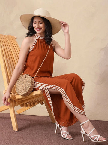 Tan Brown Halter Neck Top With Pants Women Co-Ord Set