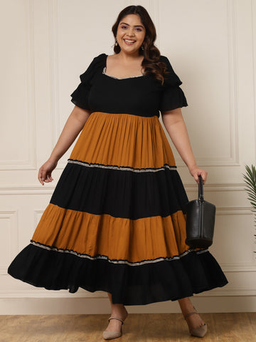 Women's Plus Size Black & Mustard Color block Dress