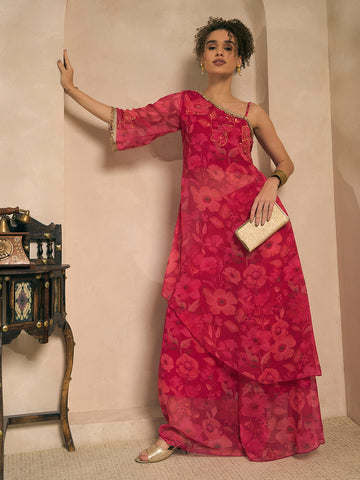 Magenta Floral Print One Shoulder Embroidered Tunic With Palazzo Women Indo Western Co-ord Set