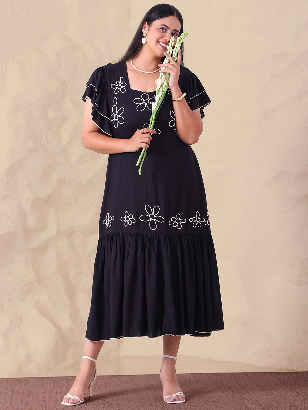 Black Pure Rayon Embroidered Women's Tiered Dress