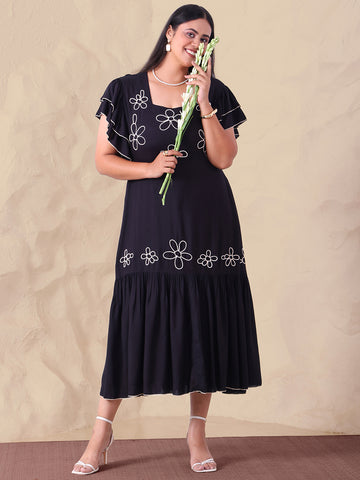 Black Pure Rayon Embroidered Women's Tiered Dress