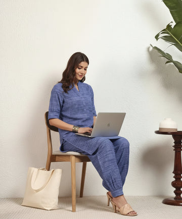 Sky Blue Cotton Textured Printed Women Co-Ord Set