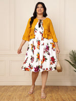 Women's Plus Size White Yellow Floral Tie-Up Neck Fit & Flared Dress