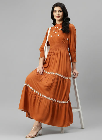 Tan Brown Rayon With White Embroidered Floral Women's Tiered Dress