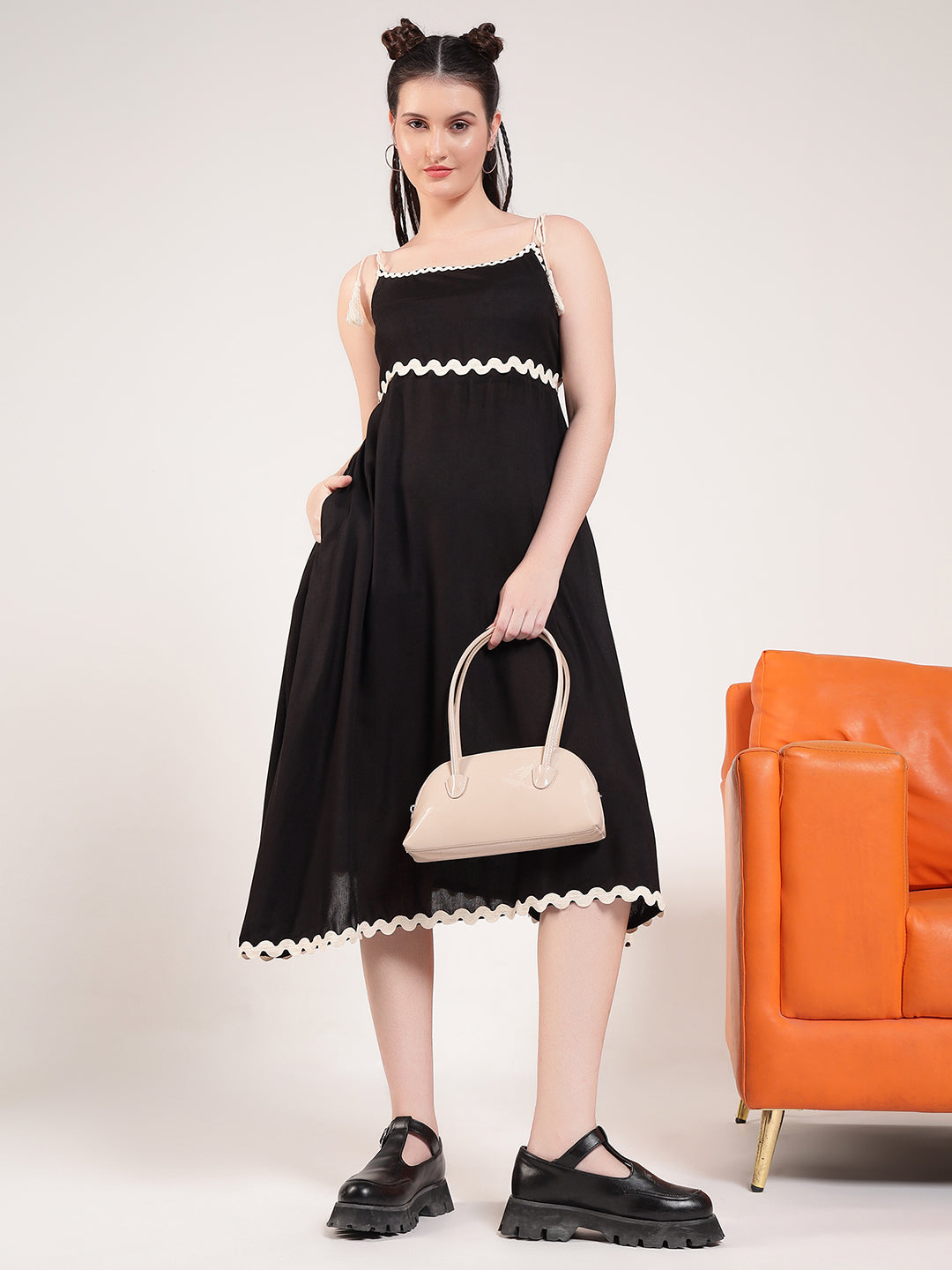 Black Boat Neck A Line Women Dress