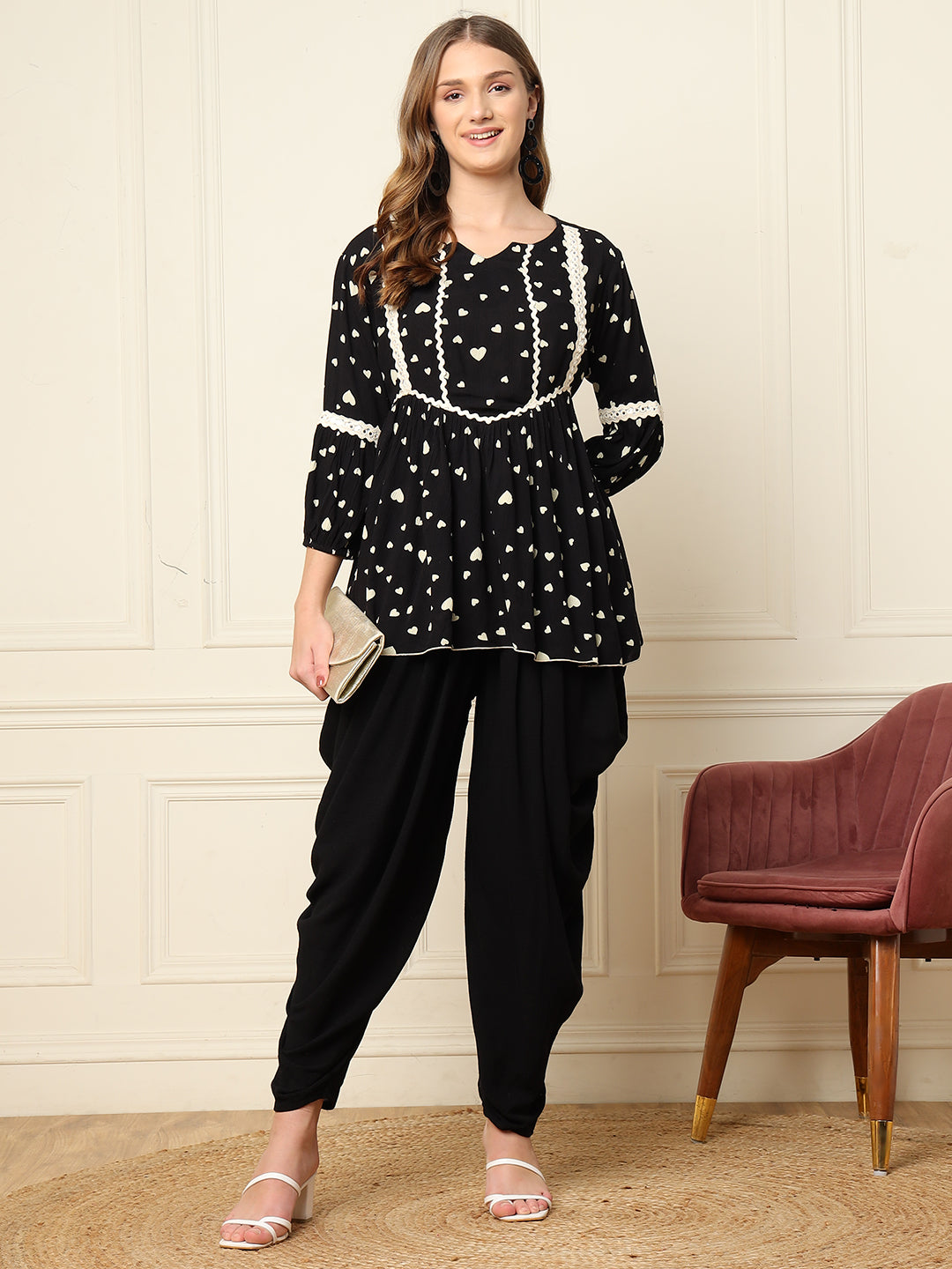 Black Heart Printed Peplum Top With Harem Pant Women Indo Western Co-Ord Sets