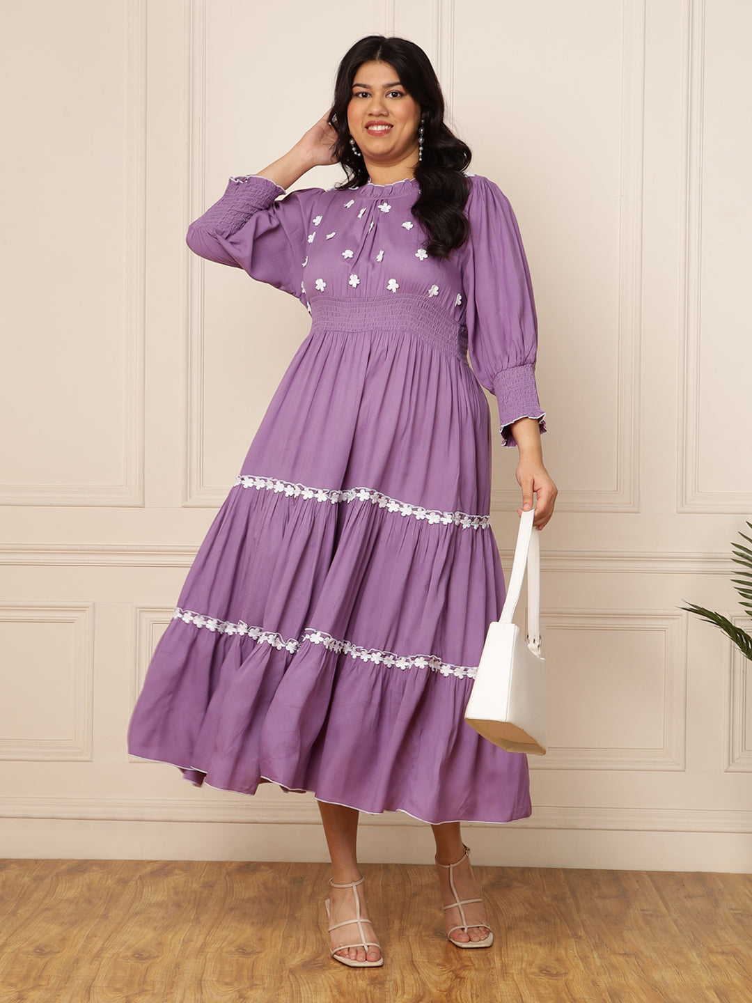 Women's Plus Size Lavender With White Embroidered Floral Viscose Rayon Women's Tiered Dress