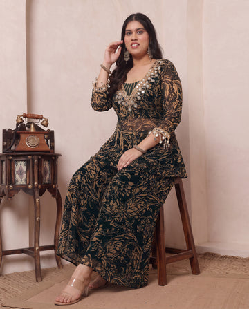 Black & Beige Printed Chiffon Deep Neck Kurta With Palazzo & Bustier Plus Size Indo Western Women 3 Piece Set