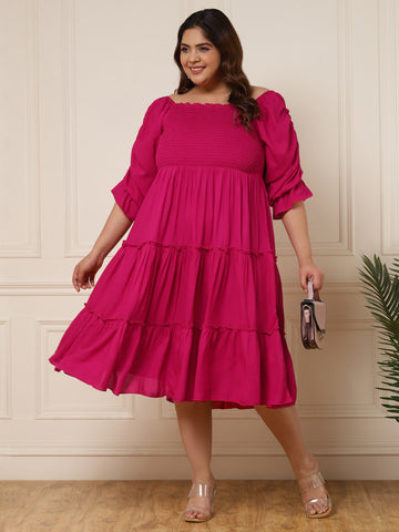 Women's Plus Size Solid Tiered Dress With Gathered Sleeves