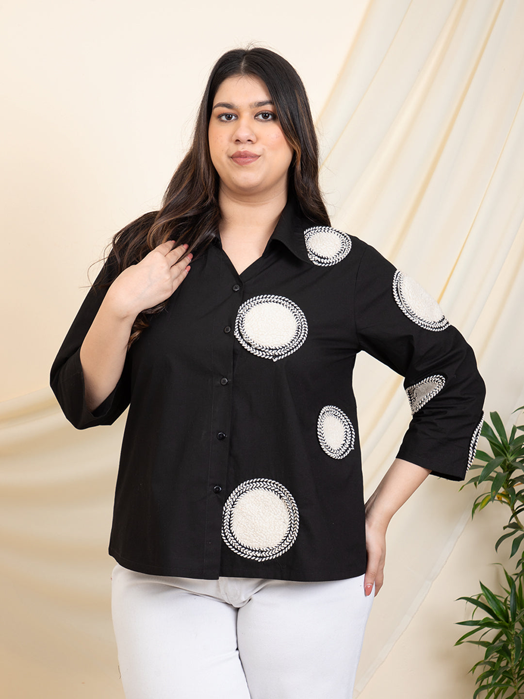 Black One Side Patch Women Plus Size Shirt