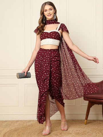 Wine Floral Printed Crop Top With Dhotiindo Western Women Co-Ord Set