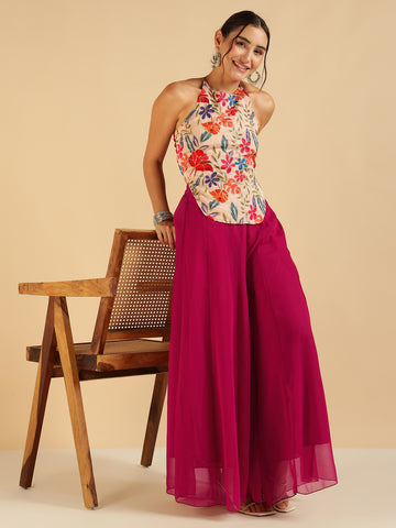Floral Embroidered Top With Sharara Fusion Women Co-Ord Set