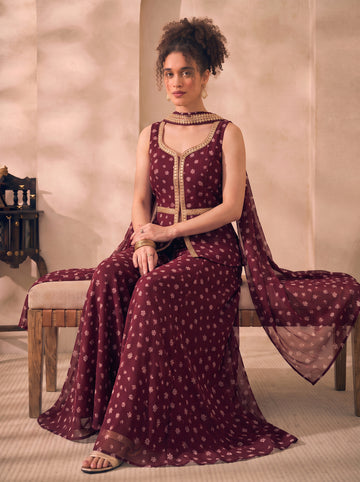 Wine Floral Georgette Corset Top & Palazzo With Dupatta Women 3 Piece Set