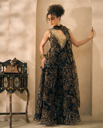 Black Abstract Printed Chiffon Peplum Top & Palazzo With Dupatta Indo Western Women 3 Piece Set