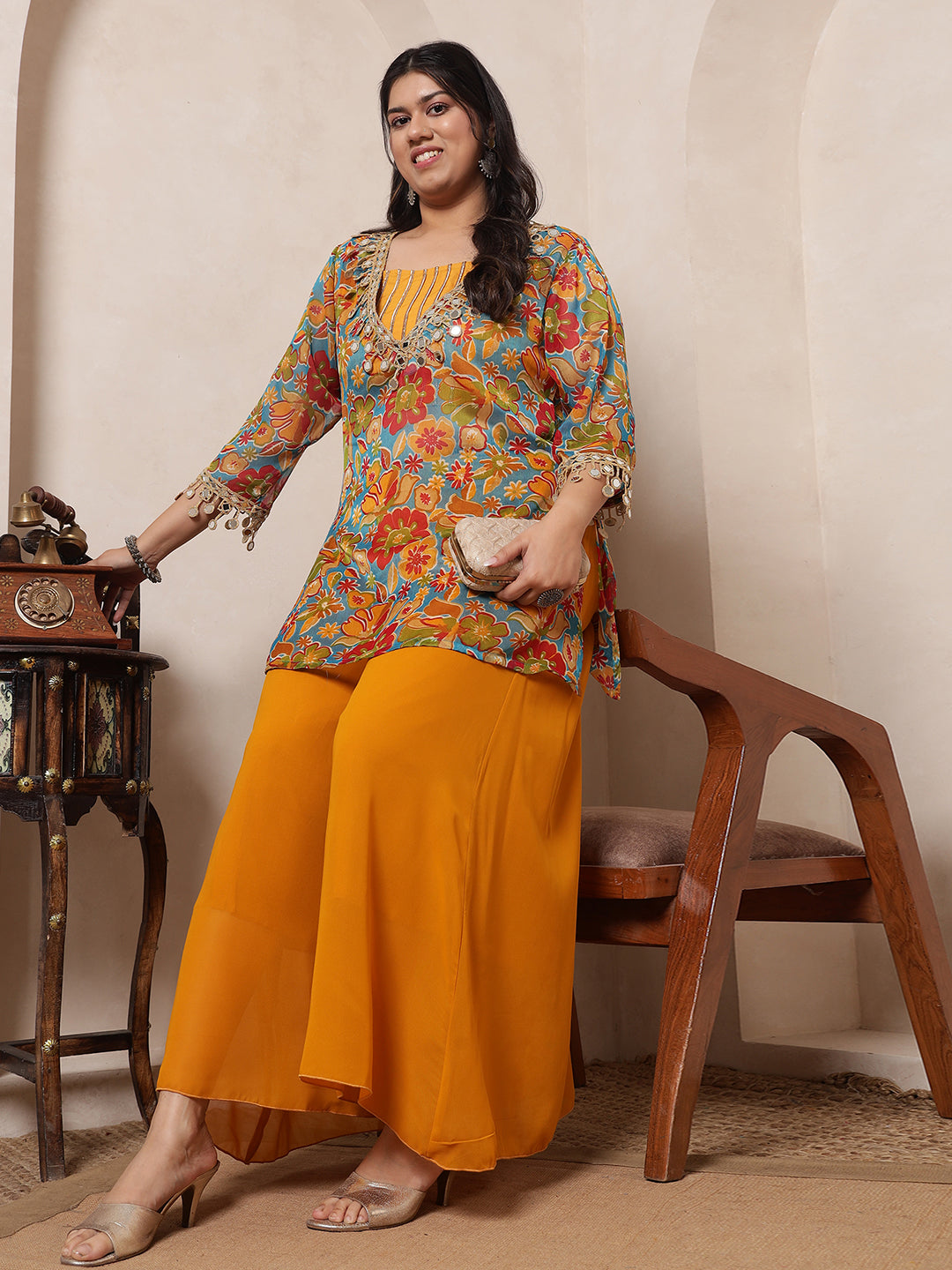 Multi Colour Floral Printed Top & Kurti with Sharara Plus Size Fusion Co-Ord Set