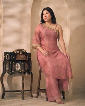 Pink Shimmer Crushed Butti Work One Shoulder Tunic With Palazzo Plus Size Indo Western Women Co-ord Set