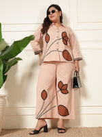 Peach Patch Work Embroidered Women Cotton Plus Size Co-Ord Set