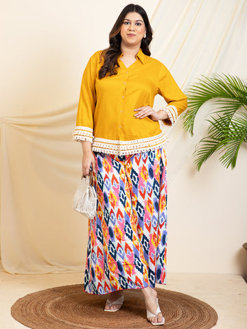 Mustard Shirt With Printed Palazzos Women Plus Size Co-Ord Set