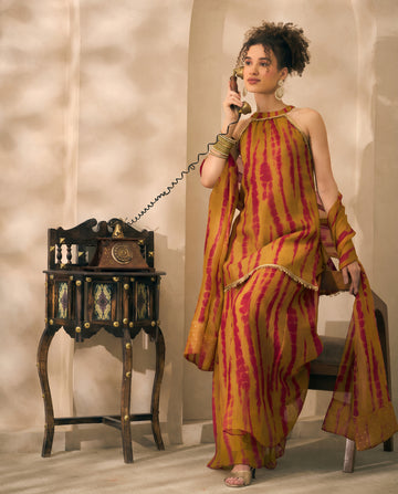 Olive Tie Dye Chiffon Kurta With Palazzo & Dupatta Indo Western Women 3 Piece Set