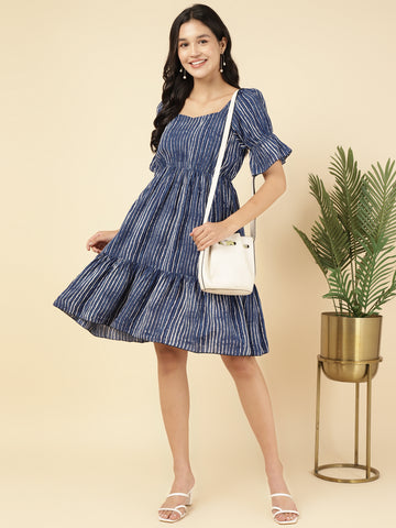 Blue Striped Tiered Calf Length Women Dress