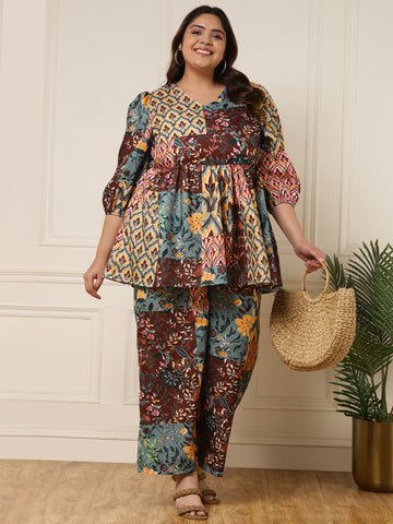 Women's Plus Size Multicolor Patch Print Co-Ord Sets