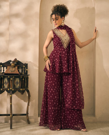 Wine Floral Print Georgette Butta Peplum Top & Palazzo With Dupatta Indo Western Women 3 Piece Set