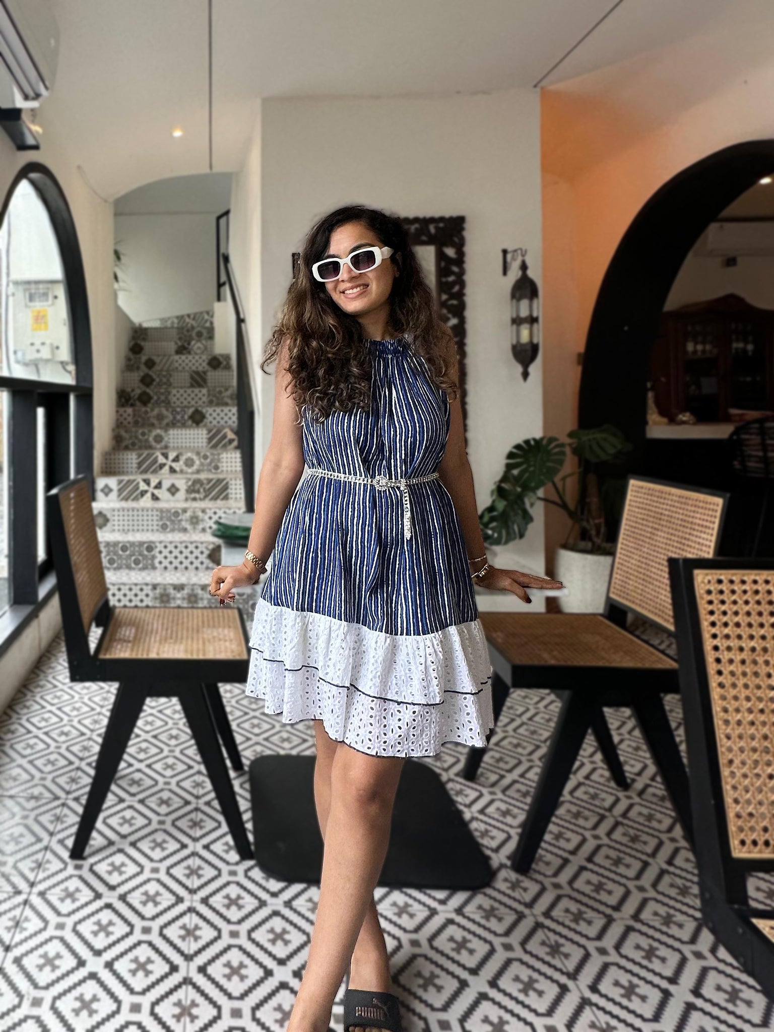 Blue Indigo Striped Halter Neck Tiered Short Women Dress Blue Indigo Striped Halter Neck Tiered Short Women Dress