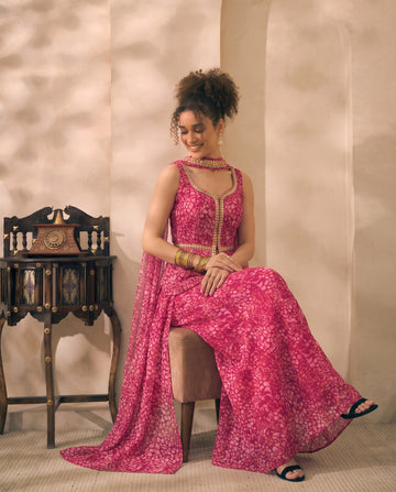 Magenta Floral Print Chiffon Corset Top & Palazzo With Dupatta Women 3 Piece Set