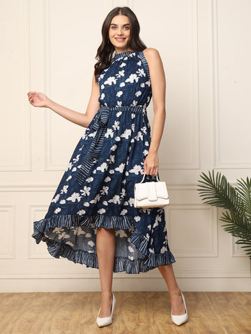 Indigo Floral Printed High Low Women Dress