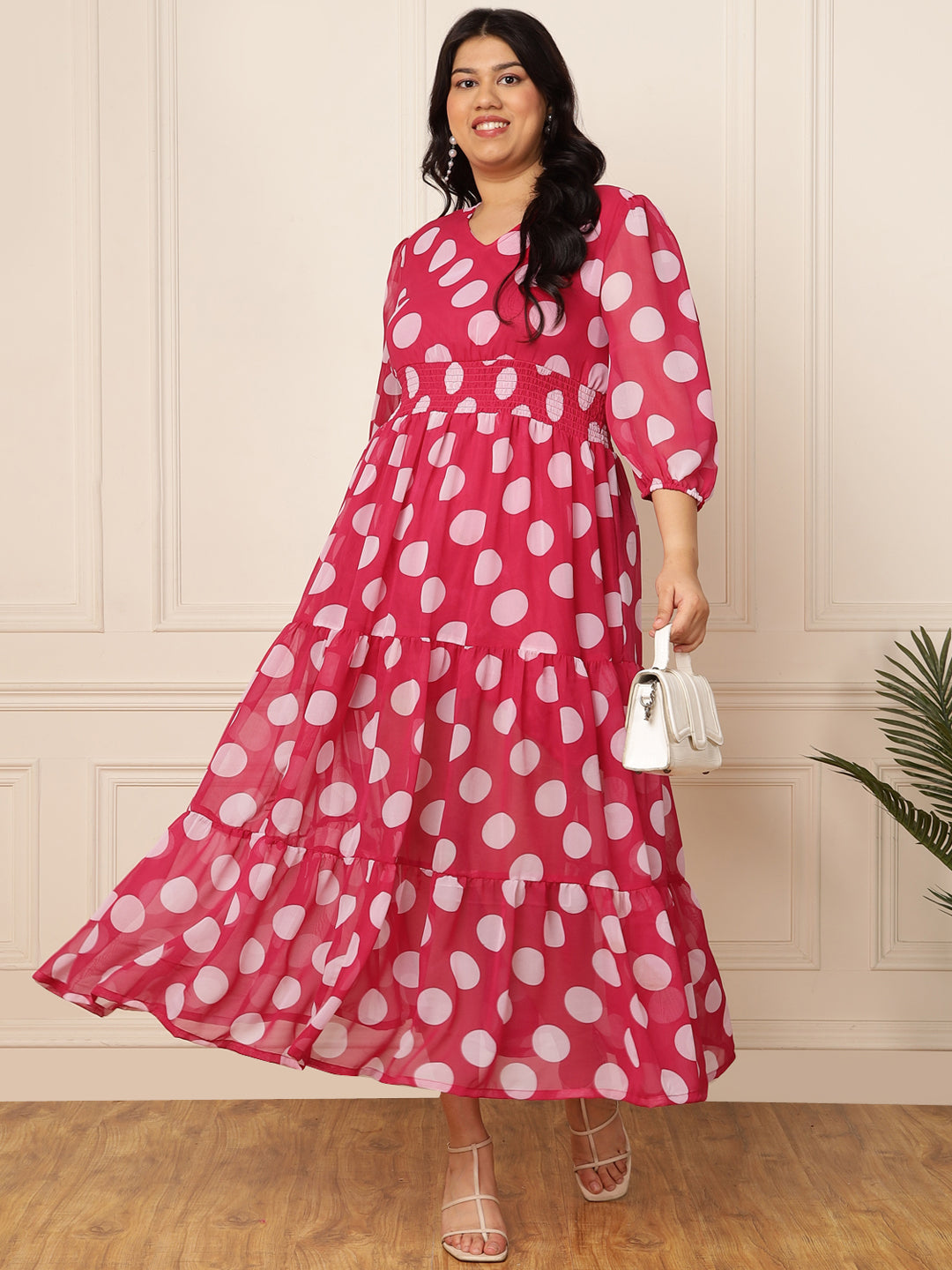 Women's Plus Size Magenta Polka Tiered Maxi Dress
