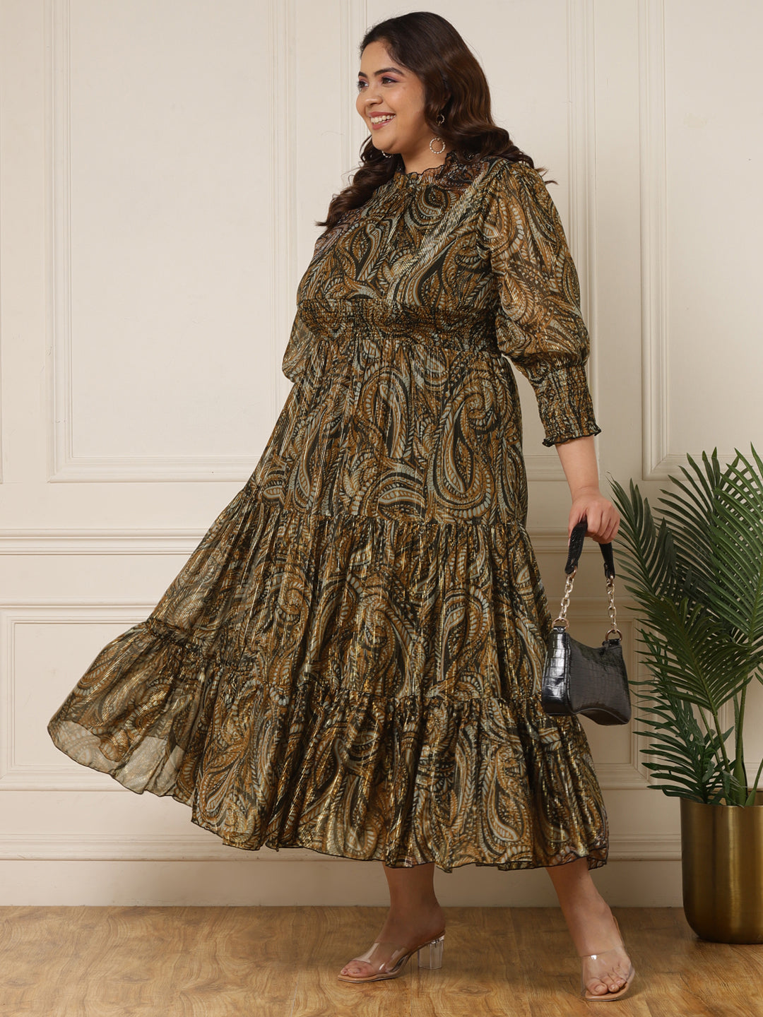 Women's Plus Size Paisley Printed Maxi Flared Dress