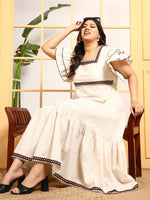 Off White Cotton Squared Neck Gathered Women's Plus Size Dress