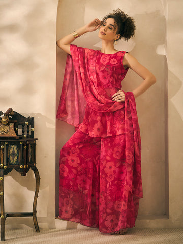 Pink Chiffon Floral Printed Peplum Top With Palazzo And Dupatta Indo Western 3 Piece Women Set