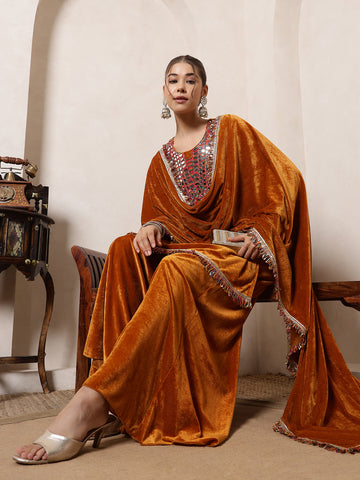 Velvet Mustard Kurti Multi Colour Embroidered Neck Patch Sharara With Dupatta Indo Western Women Co-Ord Set