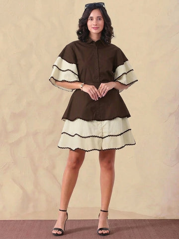 Ruffled Cotton Solid Shirt with Skirt For Women's Co-Ord Set Short Sleeves Shirt Collar Neck Mid Length Relax Fit Co-ord Set