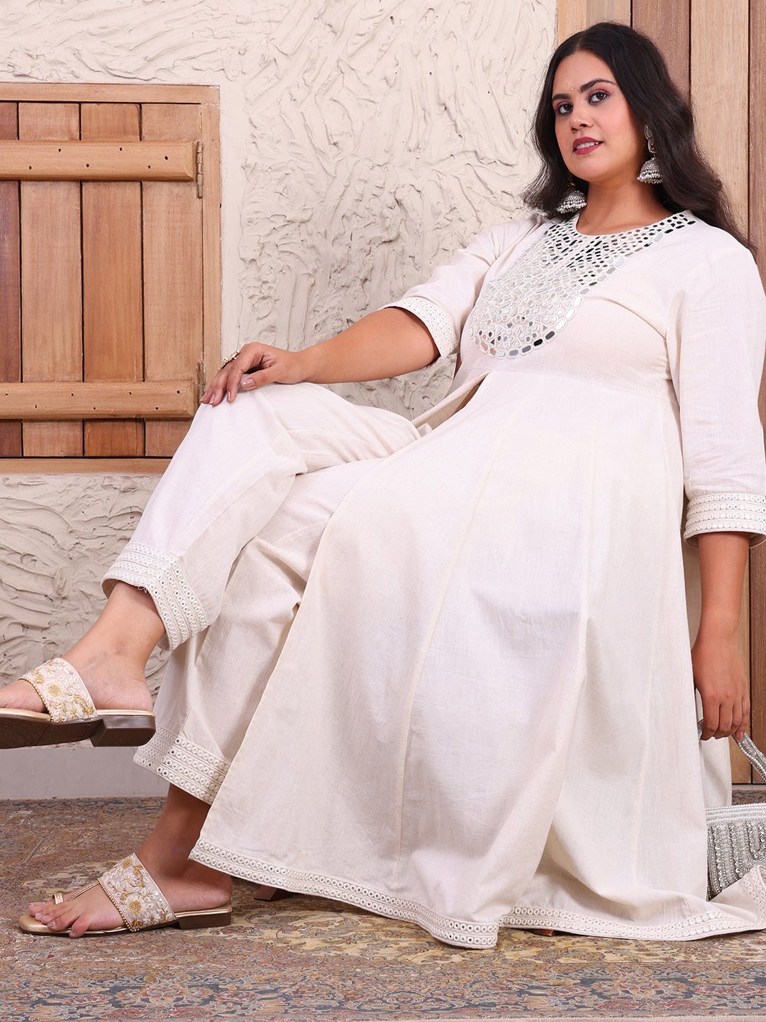 Pure Cotton Mirror Embroidered Neck Patch Anarkali Kurta With Palazzo Indo Western Co-ord Set