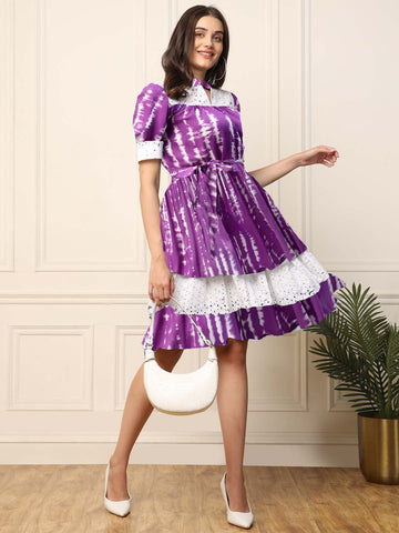 Lavender Tie & Dye With Schiffli Embroidered Tiered Layered Women Dress