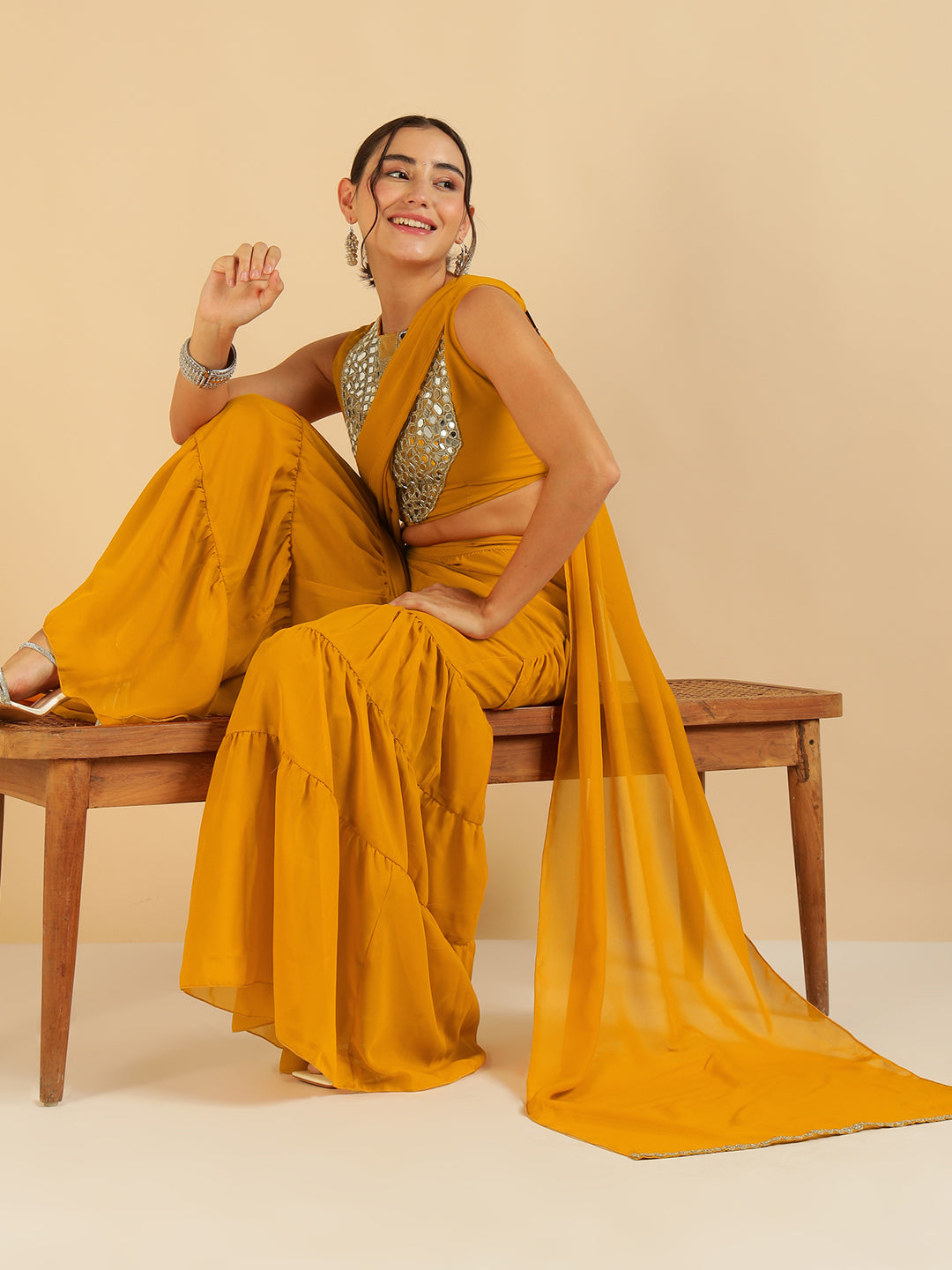 Mustard Embroidered Patch Crop Top With Tiered Palazzo Saree Fusion Co-Ord Set