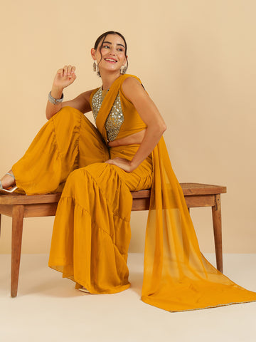 Mustard Embroidered Patch Crop Top With Tiered Palazzo Saree Fusion Co-Ord Set