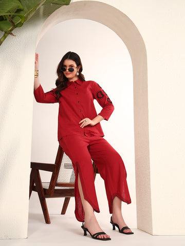 Reddish Brown Embroidered Cotton Women Co-Ord Set