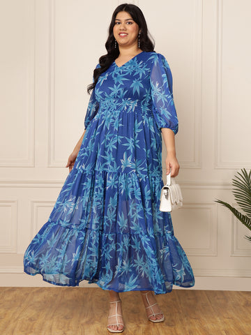 Women's Plus Size Blue Floral Tiered Maxi Dress